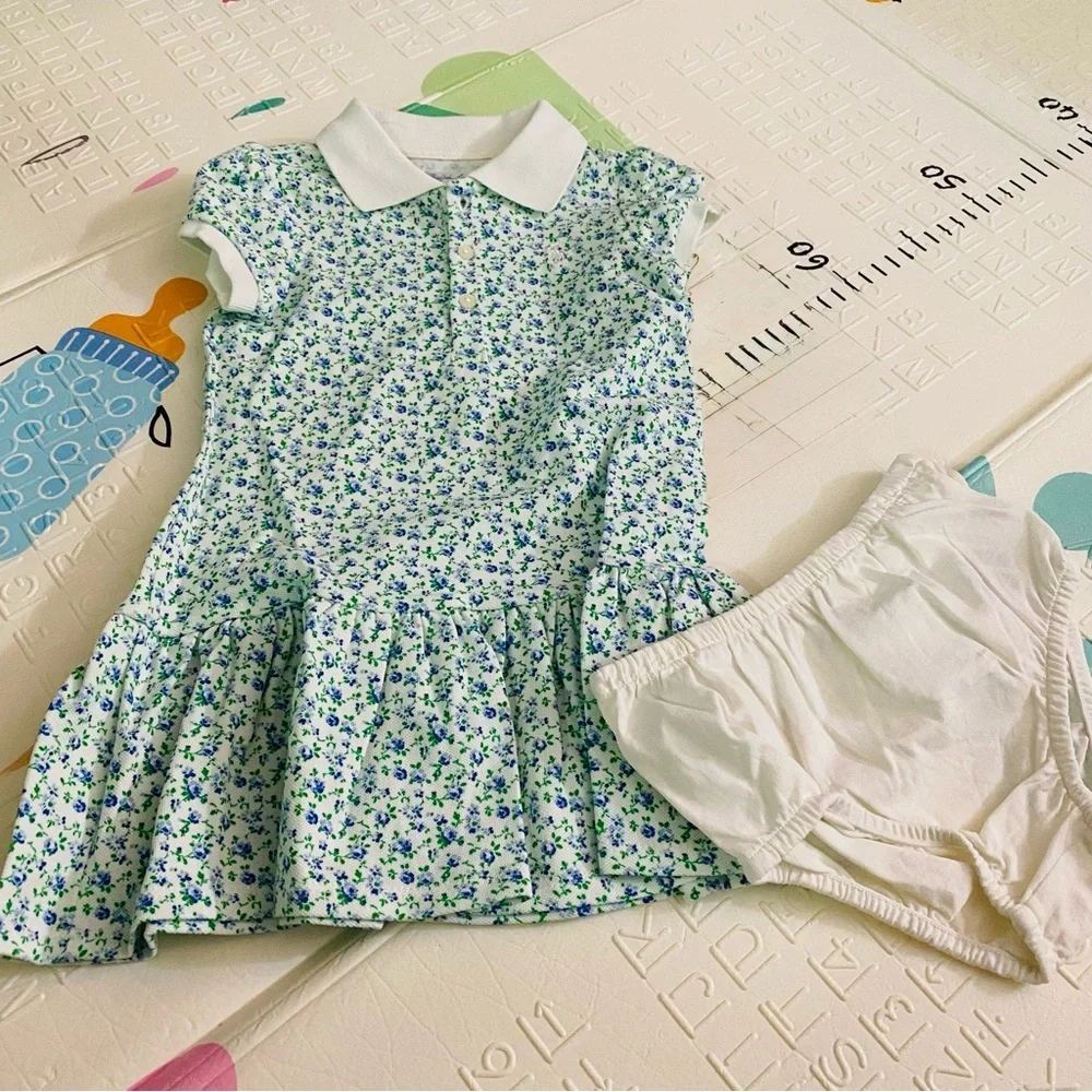 RALPH LAUREN Girls' Floral Stretch Mesh Polo Dress & Bloomers - Baby 18 mo GUC